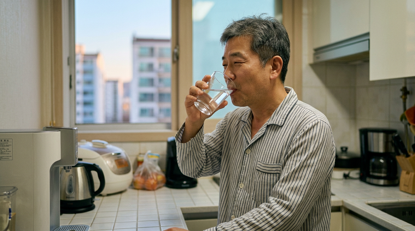 Man in striped pajamas drinking water in kitchen near window