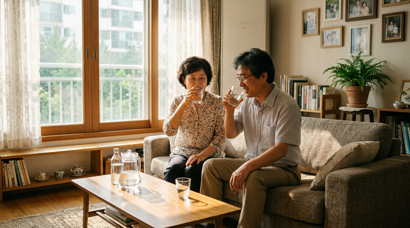 50s Korean couple drinking water sunlit living room
