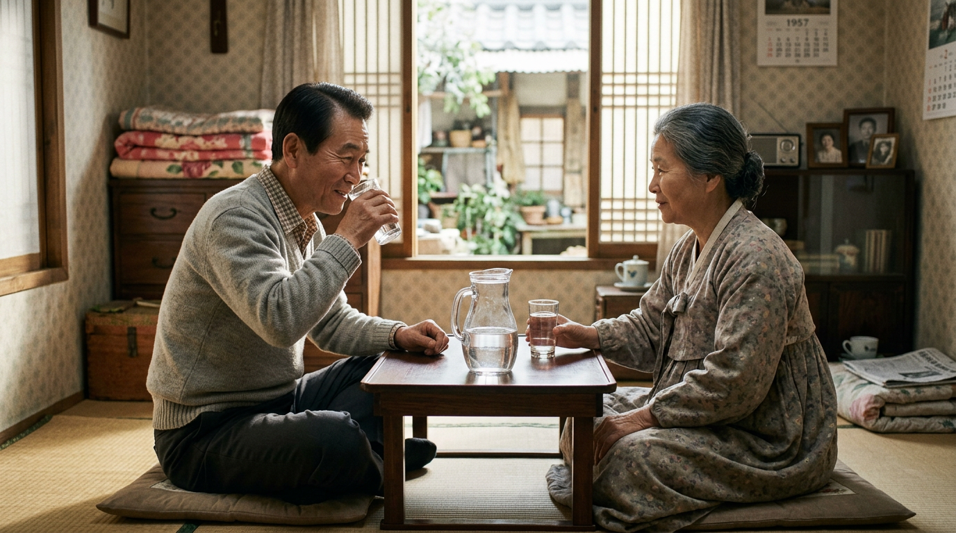 Elderly man and woman seated on floor cushions drinking water at a low table